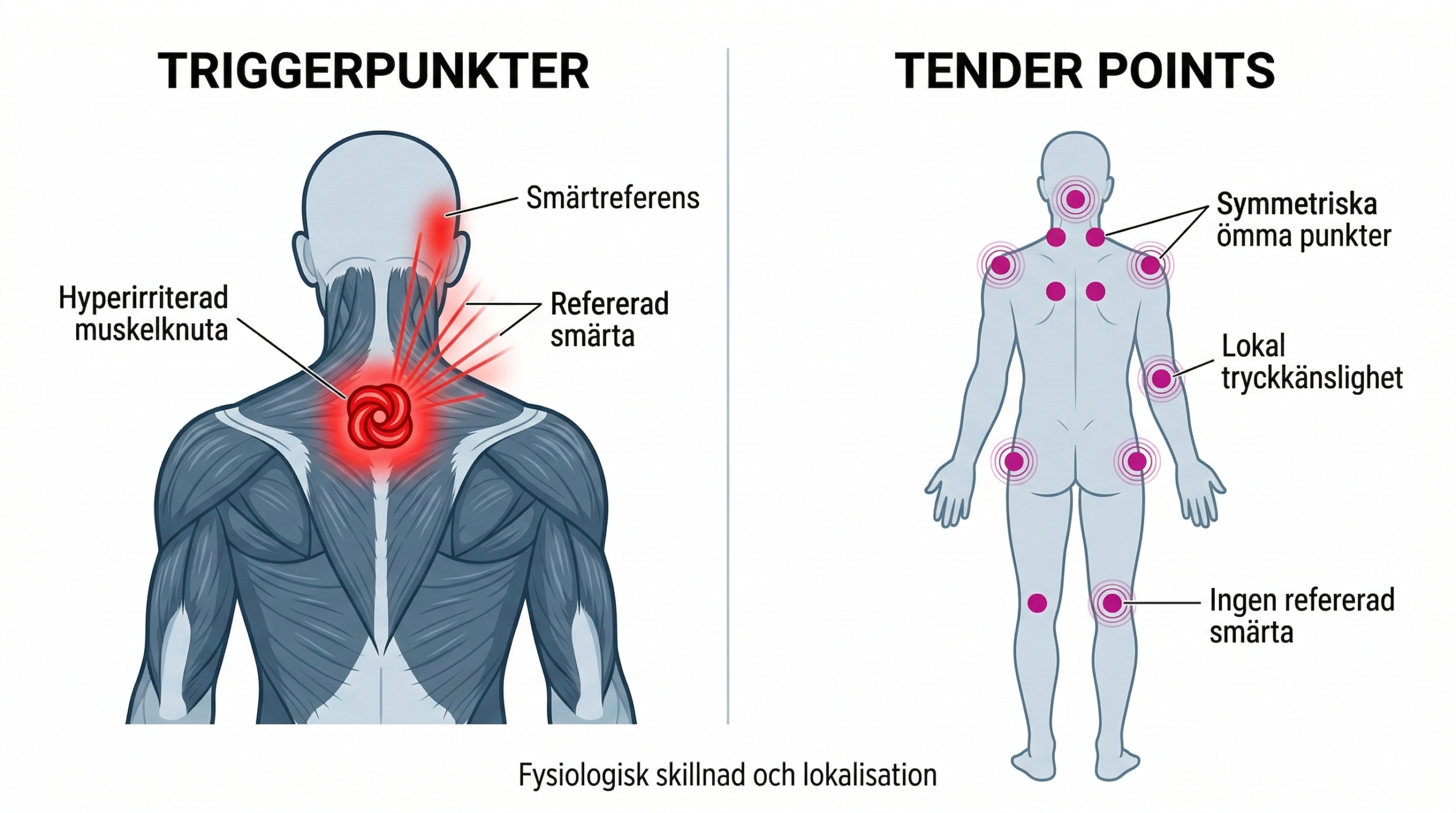 Infografik som jämför fysiologiska skillnader mellan triggerpunkter (med refererad smärta) och tender points (symmetrisk lokal ömhet).